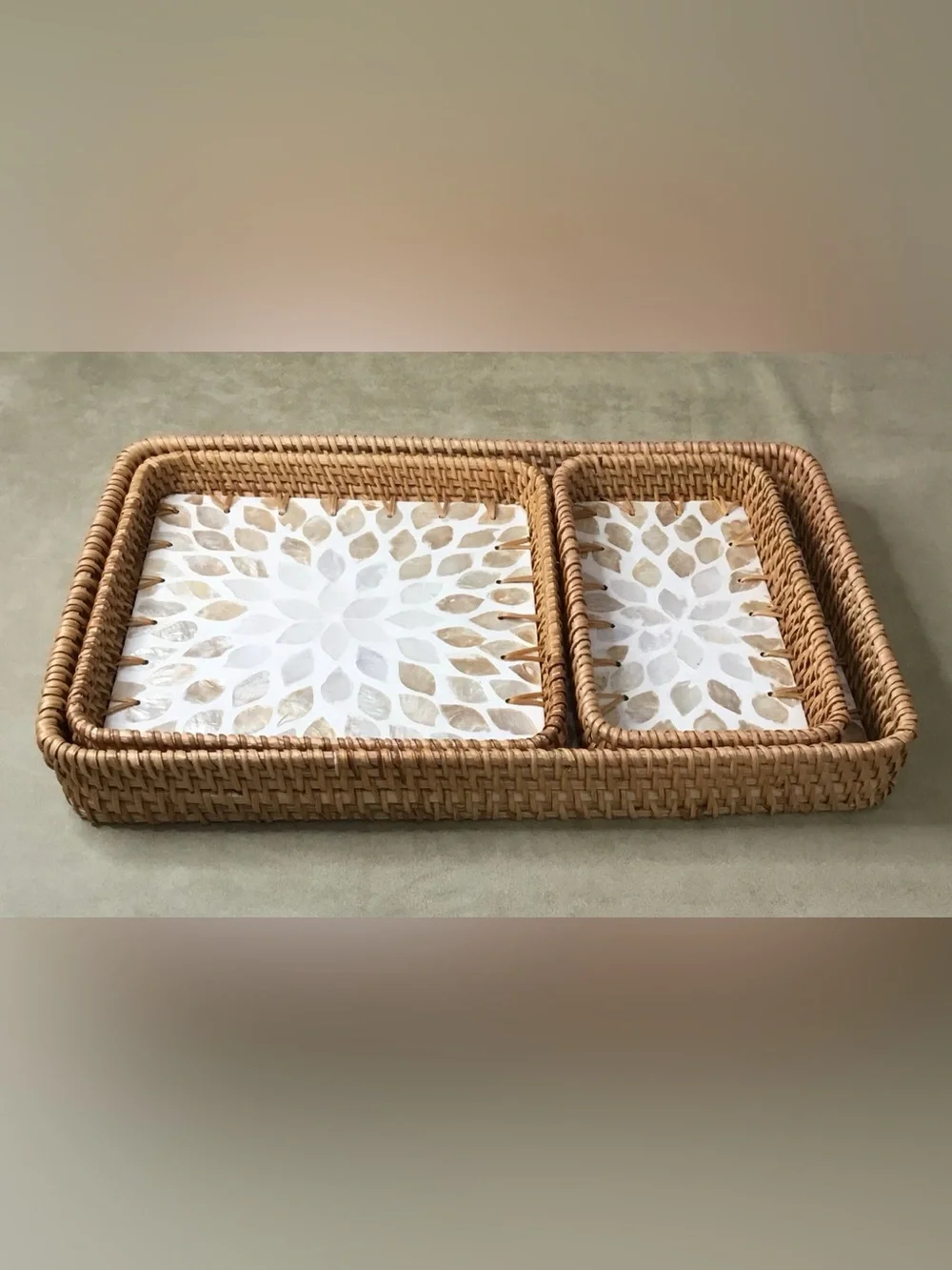Brazil Station Handwoven Rattan Mother of Pearl Service Tray Set of Three.